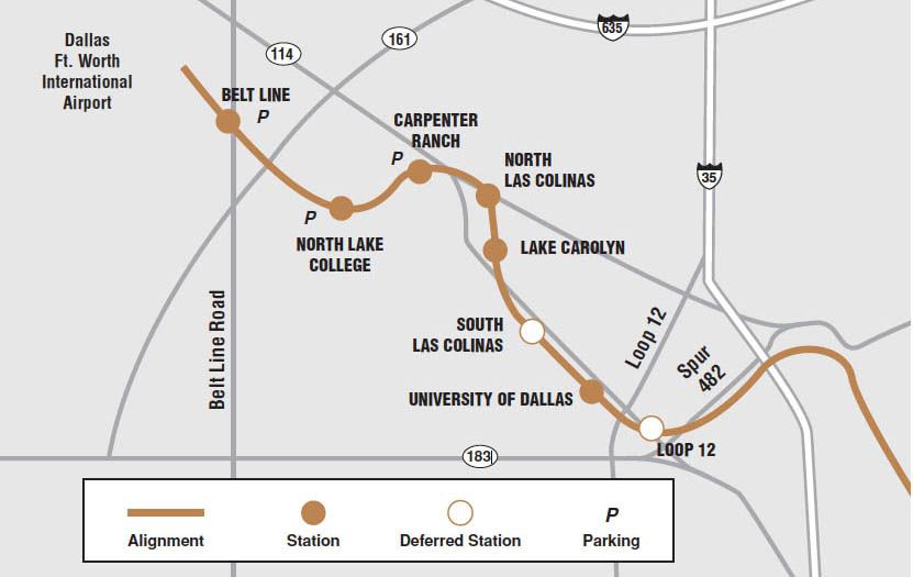 Northwest Corridor light-rail transit line through Irving to the Dallas/Fort Worth International Airport.